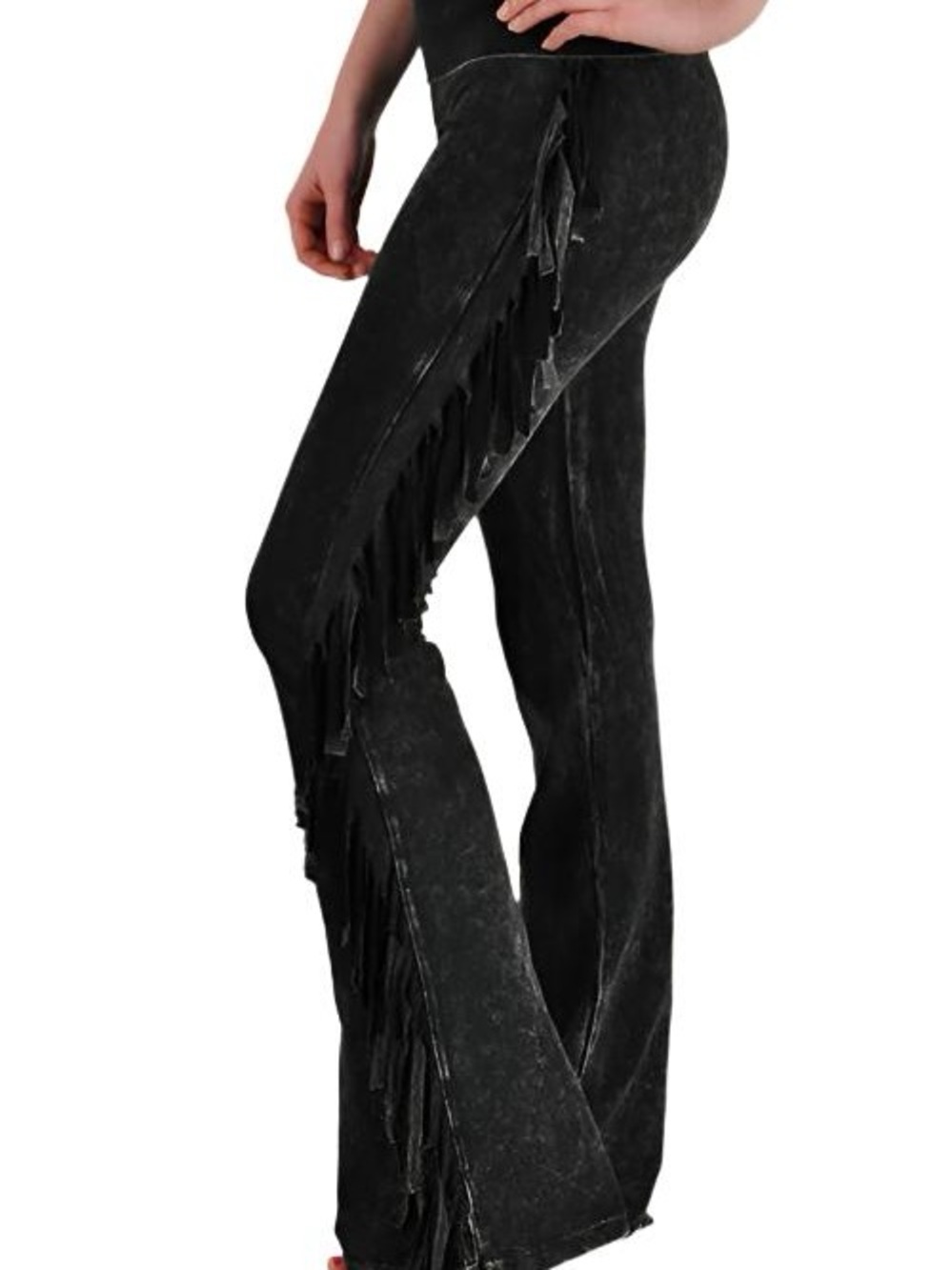 Women’s Black Fringe pull on pants  - Stylish Faux Suede Look! Mineral wash
